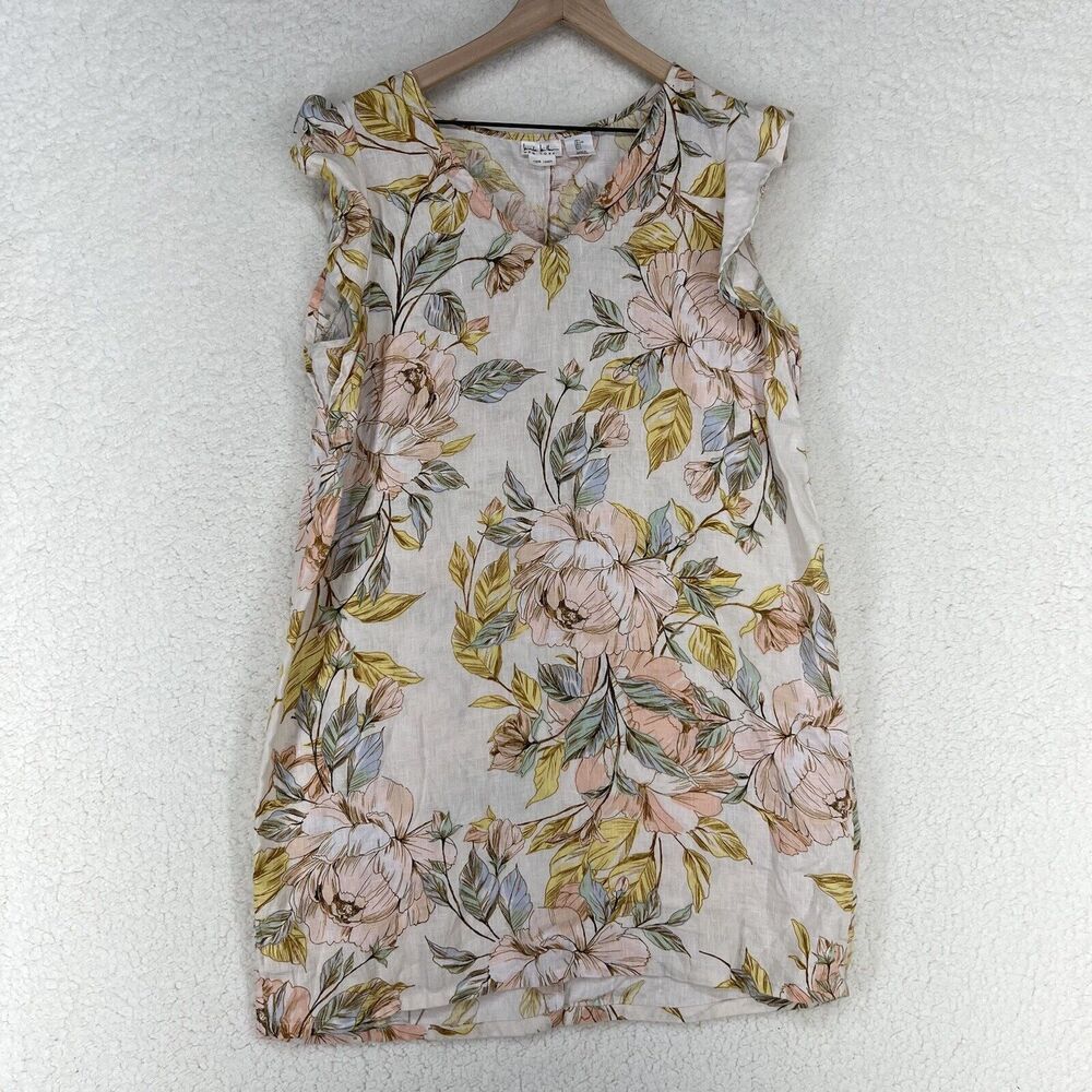 Nicole Miller Linen Dress Womens Large Beige Multi Floral Print